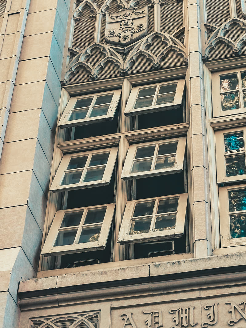 Ornate building facade seen from below