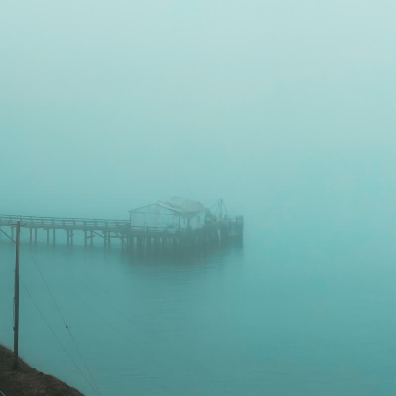 Pier disappearing into thick fog